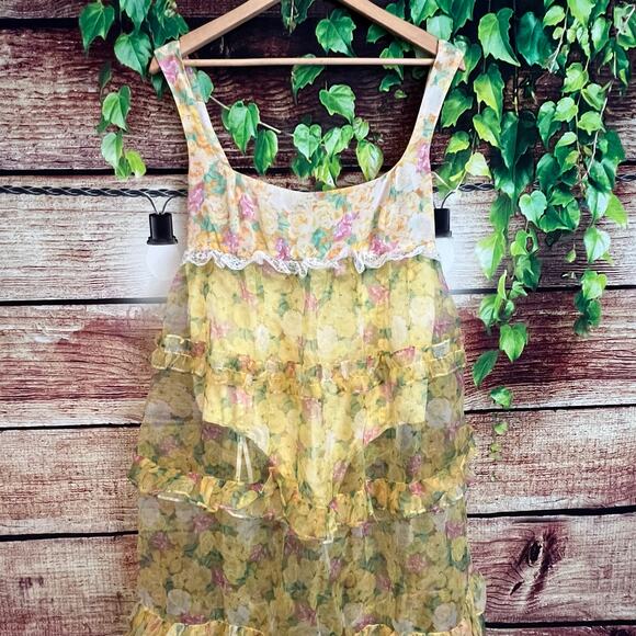 For Love & Lemons Vikki Maxi Dress Large Tiered Floral Ruffles Lace Sheer Yellow - Picture 6 of 12